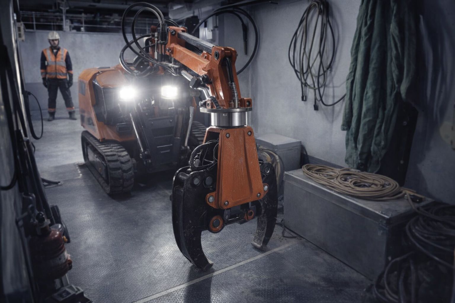 En orange rivningsrobot med hydraulisk sax i en inomhusmiljö för ombyggnad.