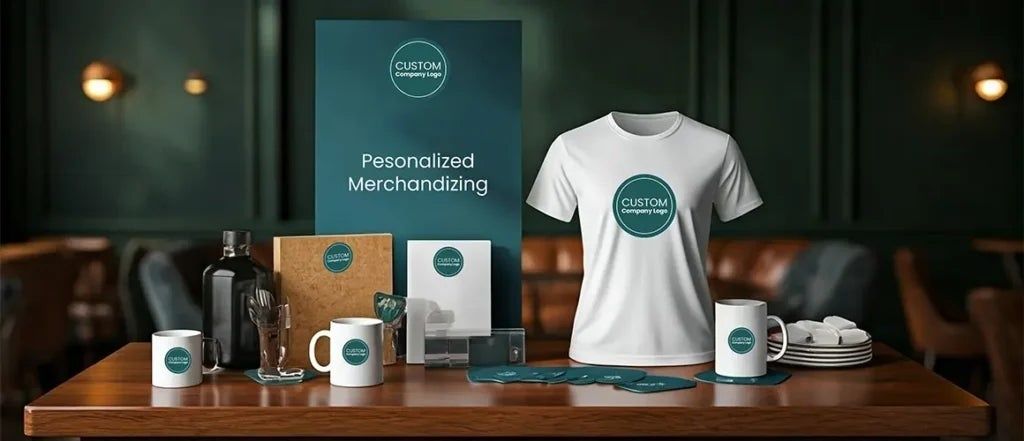 Profilerade profilprodukter med logotyp, bland annat tröja, muggar och skylt